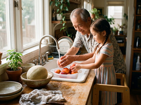 Senior Asian grandfather teaching his young Asian granddaughter to wash fresh fruit together in the kitchen, encouraging healthy eating habits and quality family time at home