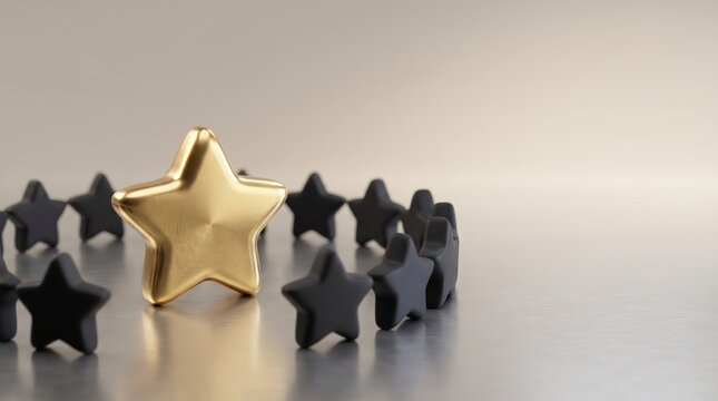 Gold star among arc of dark stars on reflective surface, quality rating