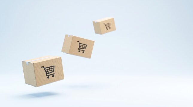 Three cardboard boxes with shopping cart icons floating on light blue background