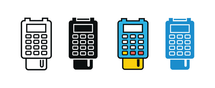 POS machine icon set with credit card for electronic payment system, retail checkout terminal and contactless transaction vector illustration