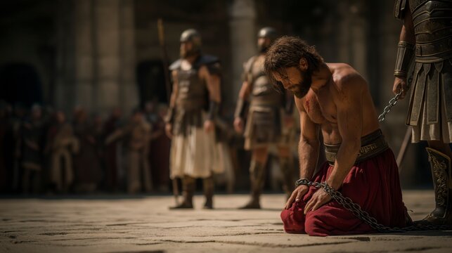 Inside the Roman praetorium, Jesus is bound to a stone pillar as Roman soldiers carry out the scourging, while guards stand nearby, portraying His sacrificial endurance and unwavering obedience before
