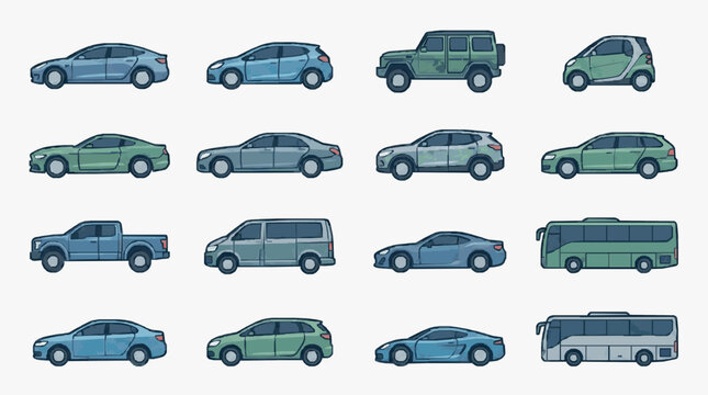 Illustrated lineup of modern vehicles.
