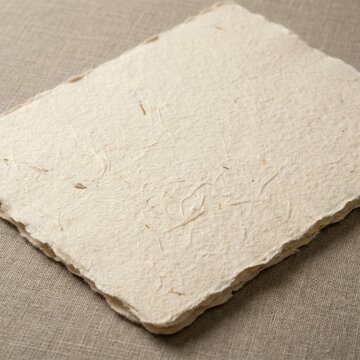 Close up of a thick cotton rag paper texture with rough edges on a linen background