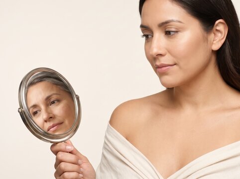 Young woman holding mirror reflecting older self, anti-aging skincare