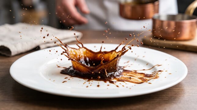 A succulent dessert on a white plate with rich chocolate sauce splashing and splattering dynamically on a wooden tabletop.