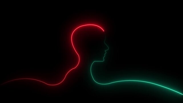 Glowing neon line Human head with icon on black background. Neon glowing tick mark with man head icon. Glowing neon line Head silhouette icon isolated.4k video black background.