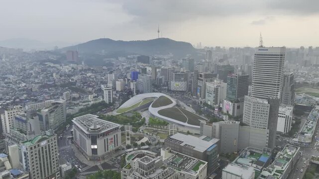 Aerial Drone View of DDP Dongdaemun Design Plaza Architecture and Cityscape in Seoul, South Korea