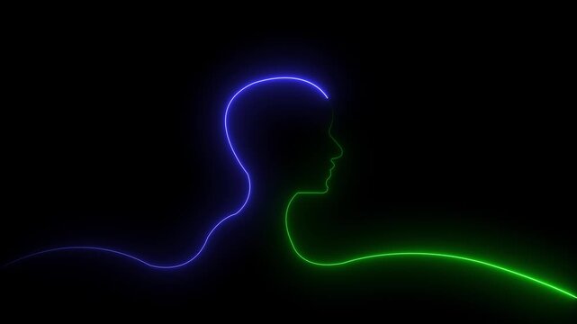 Glowing neon line Human head with icon on black background. Neon glowing tick mark with man head icon. Glowing neon line Head silhouette icon isolated.4k video black background.