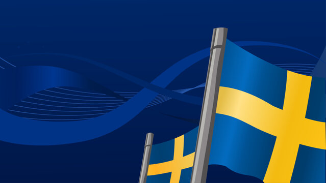 Patriotic background with waving sweden flags on abstract blue template, vector illustration