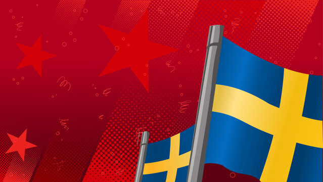 Patriotic background with waving sweden flags on abstract red template, vector illustration