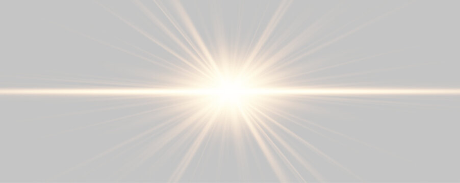 Golden horizontal flare with glowing energy beam. Glowing gold light line with radiant shine. PNG flash with yellow streaks and transparent vector overlay png.