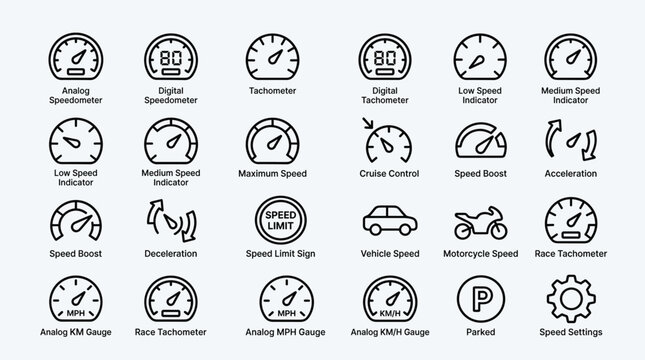 Speedometer and vehicle gauge outline icons set including analog digital tachometers speed limits acceleration deceleration cruise control and driving speed meters.