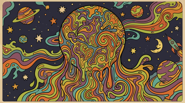 Psychedelic vintage retro sixties planet earth trippy cosmic landscape with space rocket stars and swirling clouds