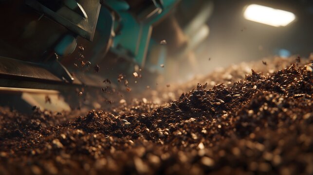 Ultra realistic cinematic shot of dark organic topsoil being loaded