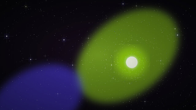 Vibrant green glowing nebula surrounds a bright white star in the deep dark reaches of outer space among distant stars