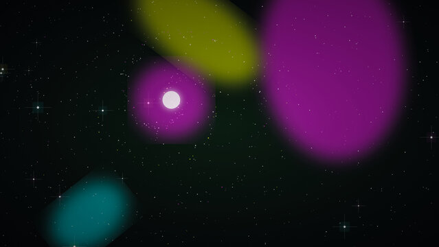 Bright glowing circular light orbs floating in deep dark outer space with tiny shimmering distant stars and neon colorful nebulas