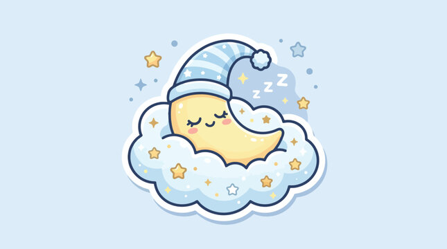 Cute sleeping cartoon crescent moon character wearing blue nightcap resting on soft fluffy white clouds with stars