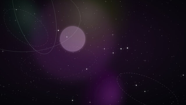 Abstract digital illustration showing a glowing purple planet floating within a vast dark galaxy filled with bright twinkling white stars