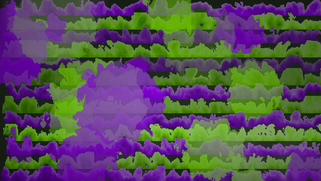 Abstract digital art featuring vibrant purple and bright green cloud shapes layered over a dark horizontal striped geometric pattern background
