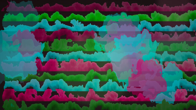 Abstract colorful watercolor painting with wavy pink and green stripes and soft overlapping spots on dark background