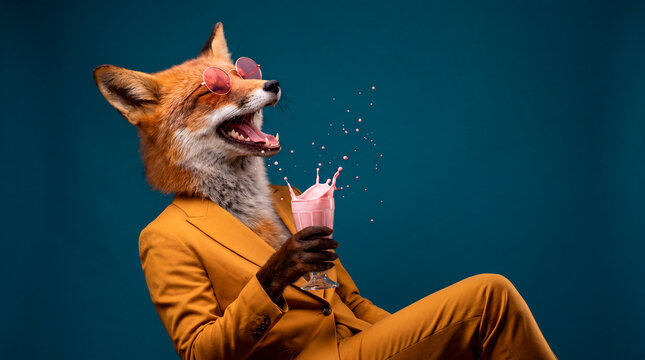 Elegant fox character in mustard suit drinking pink milkshake against deep teal studio backdrop