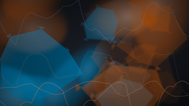 Abstract technology background with overlapping blue and orange hexagons and white data wave lines on a dark backdrop