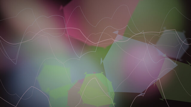 Abstract technology background with glowing colorful hexagons overlapping white data wave lines on a dark backdrop