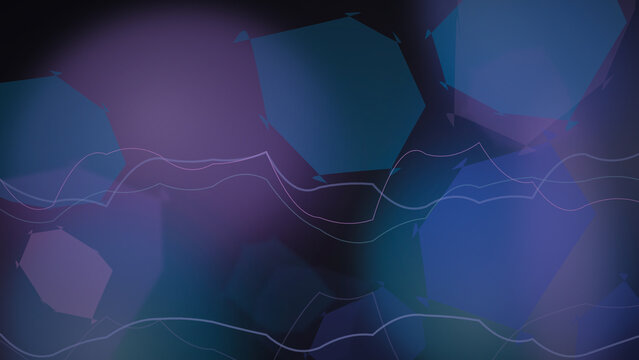 Abstract technology background with overlapping blue and purple hexagons and digital data wave lines on a dark backdrop