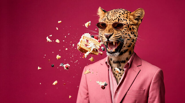 Surreal leopard character in pink suit biting layer cake against deep magenta studio backdrop
