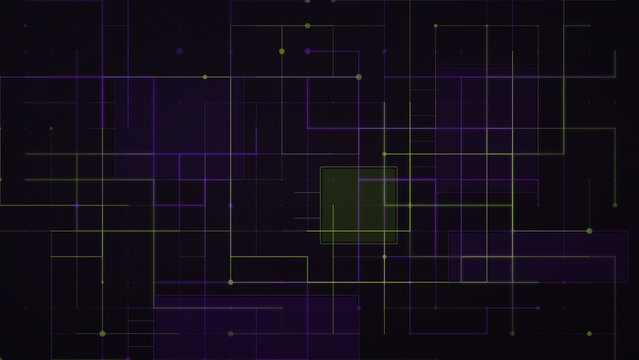 Abstract digital technology grid background with glowing purple and green circuit lines and connection nodes