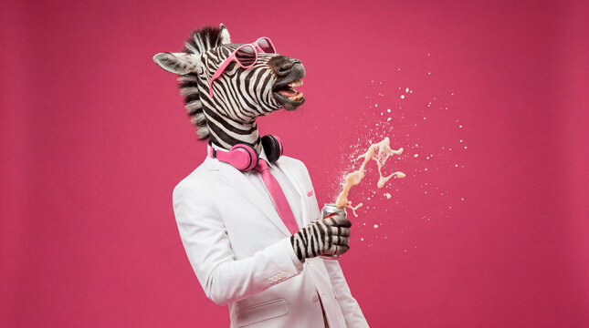Stylish zebra character in white suit opening fizzy soda against magenta studio backdrop