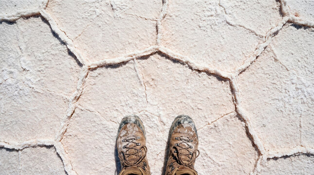 Weathered hiking boots standing on the cracked hexagon salt crust of a desert flat