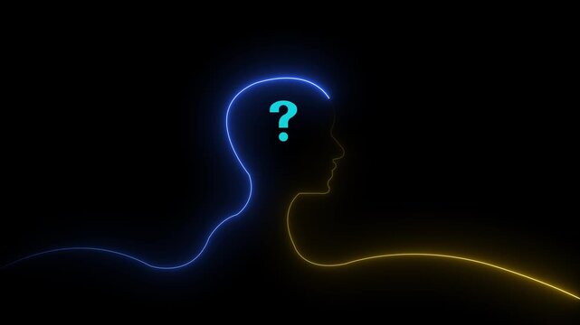 Glowing neon line Human head with question mark icon on black background. Neon glowing question mark with man head icon on black background. 4k video