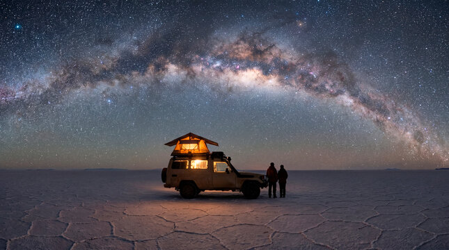 Overland vehicle with rooftop tent camping under the milky way galaxy on a salt flat at night