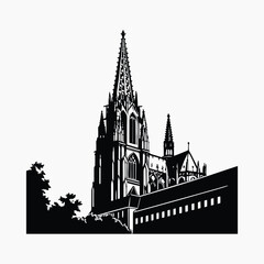 Fototapeta premium Gothic cathedral building silhouette view vector illustration isolated on white background.