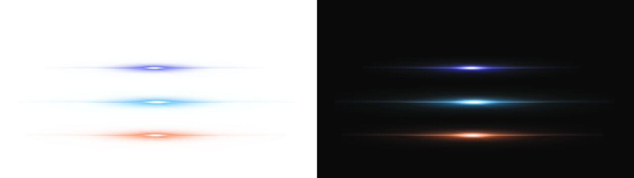 PNG image of Three horizontal glowing light streaks in blue cyan and orange colors featuring a sharp bright lens flare on transparent background