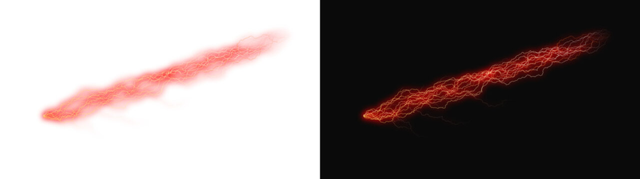 PNG image of A vibrant glowing red electrical lightning bolt strike featuring intricate plasma energy patterns isolated on a high contrast on transparent background