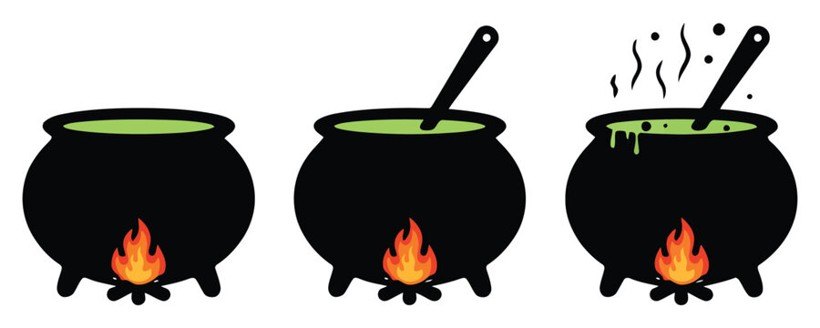 Black cauldron boiling on fire with green potion