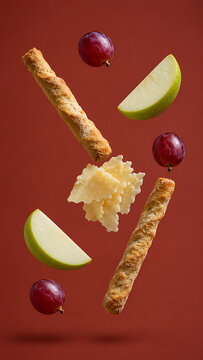Crispy breadsticks parmesan flakes green apple wedges and red grapes floating in elegant gourmet snack composition with warm red tones