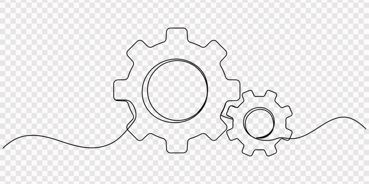 gear continuous one line drawing, continuous one line drawing of three interlocking gears or cogs. Minimalist technology, process, and engineering vector illustration, Continuous one line gear art.