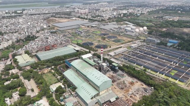 Aerial drone view of large wastewater treatment plant and sewage treatment facility in Delhi India