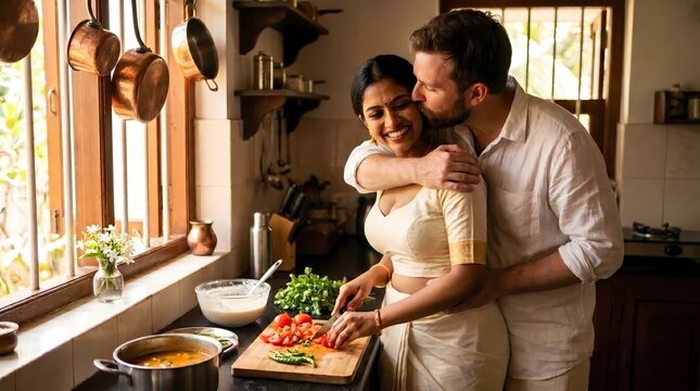 Morning Kitchen Romance - English Man & South Indian Wife Preparing Breakfast

