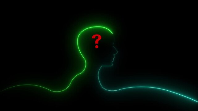 Glowing neon line Human head with question mark icon on black background. Neon glowing question mark with man head icon on black background. 4k video