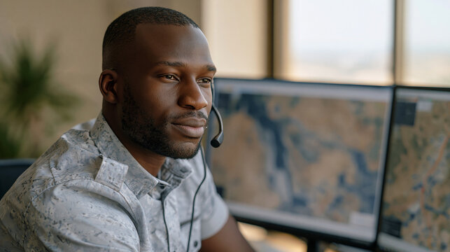 Nigerian disaster response analyst overlays satellite flood extent imagery on regional road network map during emergency coordination call, over-the-shoulder perspective showing