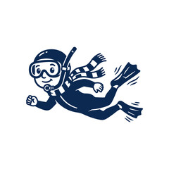 Cartoon scuba diver with scarf and goggles swimming. © Zaya