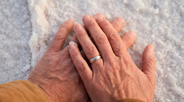 Weathered hands wearing wedding rings resting together on a white salt crust surface