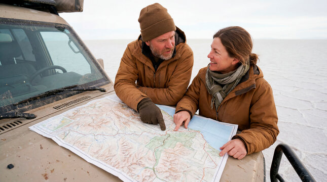 Mature couple reading a paper map on the vehicle hood while planning a salt flat route