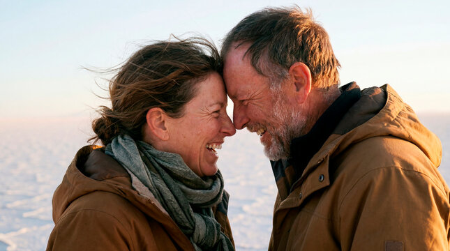 Affectionate mature couple touching foreheads outdoors on a windswept salt flat desert