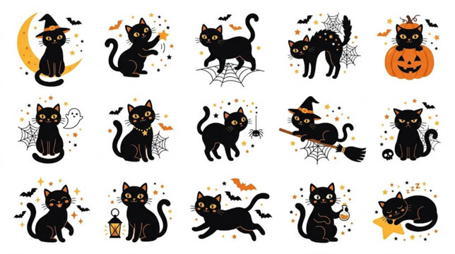 Halloween black cat illustrations with spooky elements