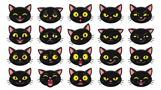Black cat emoji faces with various emotions on white background